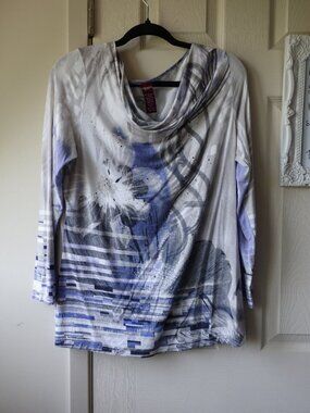 OLSEN Printed Cowl Neck Long Sleeve Top - White & Blue
